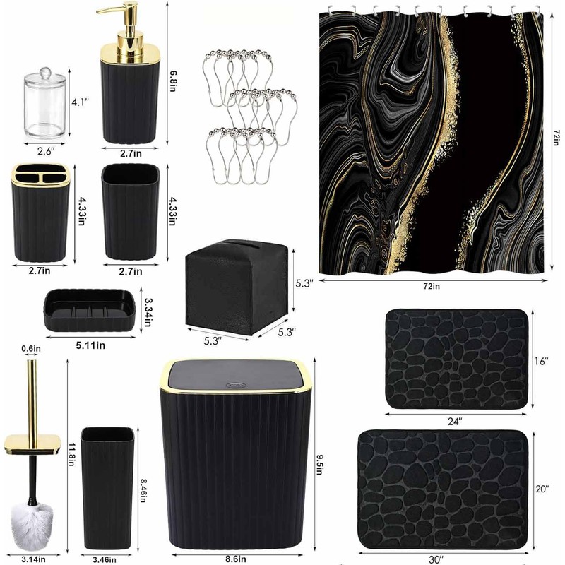 Bathroom Accessory Set with Shower Curtain and Rugs 23Pcs, Black