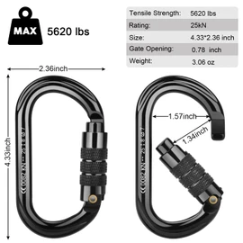 BOORCA UIAA Certified Climbing Carabiners, 25KN Auto Locking Heavy Duty Carabiner Clips for Hammocks, Swing, Locking Dog Leash and Harness, Camping, Hiking & Utility, 3Pack, Black
