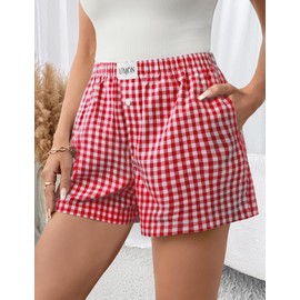LOMON Boxer Shorts for Women Summer Gingham Cotton Pajamas 2025 Lounge Sleep Pj Plaid Shorts Y2K Beach Bottoms with Pockets (Red White Plaid M)