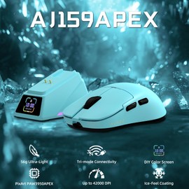 ATTACK SHARK Ajazz AJ159APEX PAW3950 Gaming-Maus, 42000 DPI, 8000Hz Kabellose Abfragerate, RGB-Magnetladestation mit Farbdisplay, 56g Superlight, 2,4G/BT/Kabelgebundene Gaming-Mouse, PC/Mac, Blau