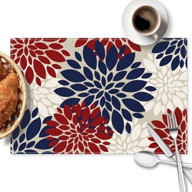 4th of July Placemats Set of 4, 12x18 Inch Waterproof Stain Resistant Linen Table Navy Blue Red White Dahlia Floral Placemats Farmhouse Kitchen Party Decor Home Décor