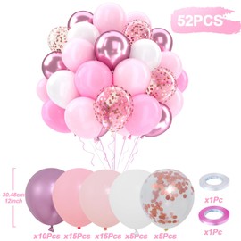 Balloons Birthday Pink White, Pack of 52 Balloons Macaron Pink White Helium Balloons Pink with Ribbons, Pink Balloons for Wedding Birthday Girls Baby Shower Birthday Decoration, 12 Inches
