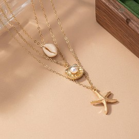 Vintage Multilayer Starfish Pendant Necklace for Women Boho Shell Scallop Clavicle Necklace Ocean Beach Conch Pearl Necklace Jewelry for Women Gifts (Style A)