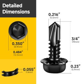 Mywish 25Pcs #14 x 3/4" Serrated Flange Hex Washer Head Sheet Metal Screws, Black Zinc Plated Self Tapping Screws, Tek & Thread Cutting Self-Drilling Screws for Metal, Steel, Iron, Aluminum