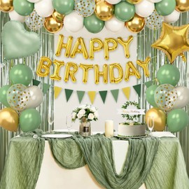 Sage Green Birthday Decorations, Boho Birthday Party Decorations with Green Gold Balloons Table Runner Happy Birthday Banner, Neutral Birthday Decorations for Women Adults