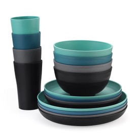 SANLUNS Wheat Straw Dinnerware Sets, 16pcs Dishes Dinnerware Sets Microwave and Dishwasher Safe, Lightweight Unbreakable Dish Set, Reusable Dinner Plates Kids Plates & Bowls Sets & Cups (Multicolor)