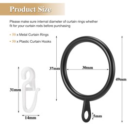 Roxanex 45 Pieces Metal Curtain Rings and Hooks 30mm Inner Diameter Black Hanging Rings for Curtain Rods, Shower Curtain Rods, Curtain Rails