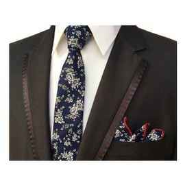 Corbata y Bolsillo Cuadrado Conjunto De Hombre Flaco Corbata Pañuelo Conjunto De Algodón Floral Boda Corbata, Azul marino, Talla única