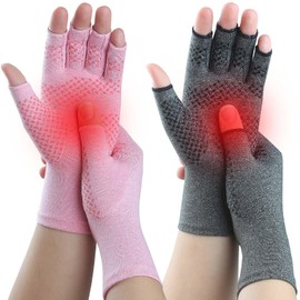 Kecartu 2 Pairs Compression Gloves for Rheumatoid Arthritis, Osteoarthritis, Carpal Tunnel Pain, Fingerless Arthritis Hand Gloves for Women Men Support Work&Computer Typing (Pink+Grey, Medium)