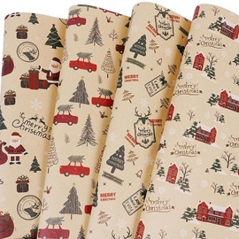 Christmas Wrapping Paper Sheets, 8 Sheets Kraft Christmas Wrapping Paper Set for Men Women Kids, Christmas Tree, Santa Claus, Reindeer Gift Wrapping Paper for Xmas New Year Holiday Party, 20×28 inch