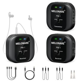 MELONARE Wireless in-Ear Monitor System - UHF 500MHz, Low Latency, Auto-Pairing, 1 Beltpack Transmitter & 2 Receivers, 10 Channels, Mono/Stereo Selection, IEM for Live Shows, Studio, Bands (PM-1-2R)