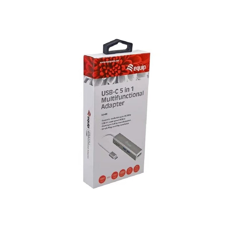 Equip 133480 Adapter USB-C/ 5-in-1 USB-C Multifunctional Adapter/HDMI/2xUSB3.0/SD/4K30Hz/0.15m/Silver