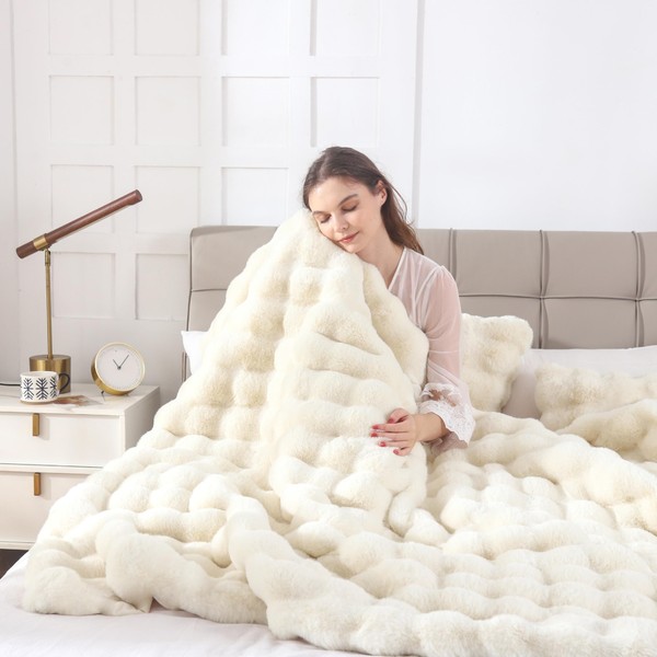 HRLMP Faux Rabbit Fur Throw Blanket for Couch 1000GSM Smooth