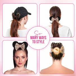 Styla Hair 2pk Mouse Ear Scrunchies for Kids Velvet Hair Bow Scrunchies for Women - Sparkle Sequins Mouse Hair Bands for Pony Tail Orejas de Minnie Mouse (Leopard)