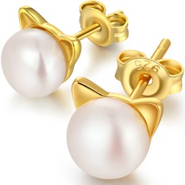Cat Earrings Gold Cat Stud Earrings Cute Gold Cat Earrings Silver Pearl Cat Earrings for Women 925 Sterling Silver Cat Stud Earrings Cat Jewelry for Women 8mm Cat Stud Earrings Pearl Cat Ear Earrings Gold Kitty Earrings Womens Pearl Kitty Earrings Gold