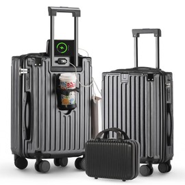 (14+20+24)Inch Carry on Luggage Carry-on with Cup Holder & USB Port, Luggage with Airline Approved TSA Lock, Softside Lightweight carry on luggage 22x14x9 airline approved 360° Double Spinner 8 Wheels