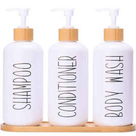 MOMEEMO White Shampoo and Conditioner Dispenser Set, Contains 3 Extra-Thick PET Plastic Bottles, Refillable Shampoo and Conditioner Bottles Perfect for Farmhouse Bathroom Decor. (White)
