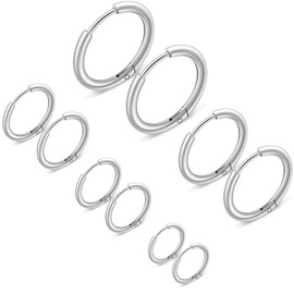 Fuushspoy 10 Piece Set, 0.6 oz (18 g), Men's Ring, Hoop Earrings, Set of Stays, Cartilage Earrings, Hypoallergenic Metal, Stainless Steel, For Both Ears, Silver (Width 0.4 inches (1.6 mm), Inner