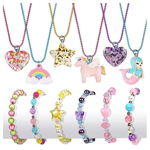 G.C 12 Pcs Necklaces Bracelets Set with Cute Mermaid Unicorn Heart Star Rainbow Charms Kids Gift Toy Party Favors Pretend Play Dress up Colorful Friendship Costume Jewelry for Little Girls Toddler