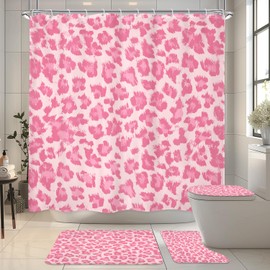 LIGHTINHOME 4 PCS Pastel Pink Leopard Print Shower Curtain Set 72Wx72H,Toilet Lid Cover,Non-Slip Rugs and U-Shaped Mat,Wild Cheetah Bathroom Sets with Rugs with 12 Hooks for Bathroom Decor