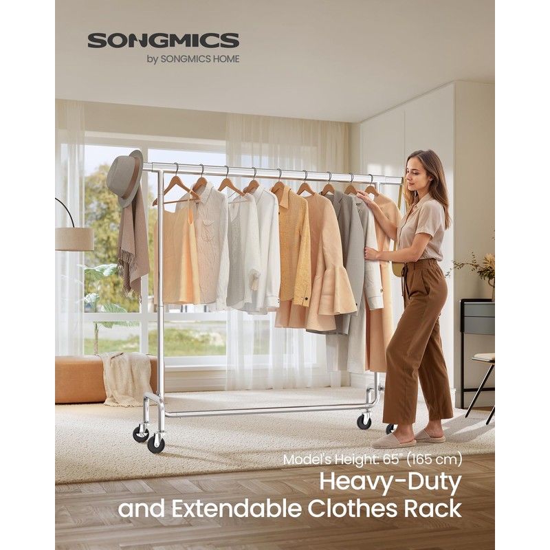SONGMICS Clothes Rack with Wheels, Heavy-Duty Garment Rack with Extendable