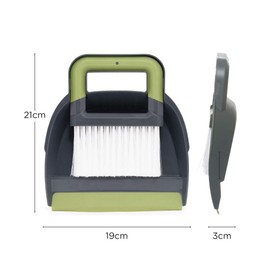 CleanPEAK Mini Portable Dustpan and Brush Set with Soft Grip Handle - 21cm x 19cm x 3cm – Grey / Green