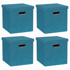 ArcaGuru Storage Bins with Lids, Collapsible Linen Fabric Boxes Organizer Containers with Lid Foldable Storage Box Basket for Closet, Shelves, Home, Office, 12 x 12 x 12 Inch, 4 Pack, Green