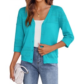 Zeagoo Womens Lightweight Summer Cropped Cardigan 3/4 Sleeve Button up Thin Bolero Crochet Knit Shrug Sweater Teal
