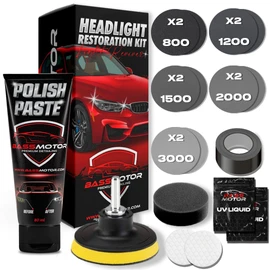 Bass Motor BassMotor Complete Kit for Polishing Dull and Worn Headlights for Car Restoration - Set for Cleaning and Sanding for ITV and Improved Visibility and Safety, Carbon Alumina