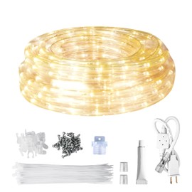 SURNIE LED Rope Lights Outdoor Warm White, Waterproof 33FT Cuttable 3000K Soft Lighting Indoor 110V Flexible Clear Tube for Bedroom Outside Garden Deck Patio Camping Decor, Not Flat Strip