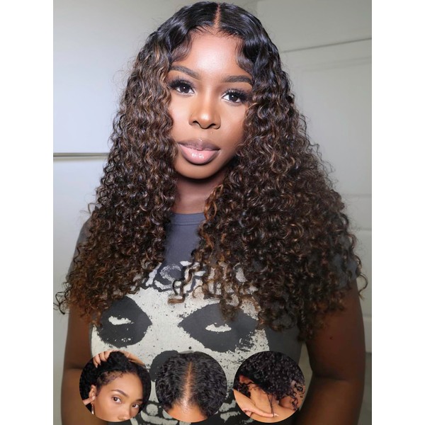 KLAIYI Ombre Brown V Part Wig Curly Human Hair Upgrade