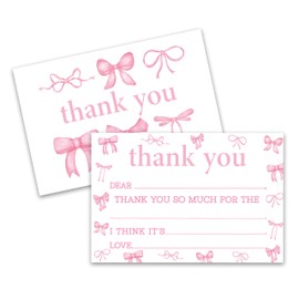 Bow Thank You Card, Pink Bow Postcards For Kids, Fill In The Blank Birthday Greeting Cards, 20 Pack Thank You Notes With Envelopes, Wedding Bridal Baby Shower Party Decorations -A16
