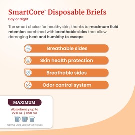 Tranquility SmartCore Adult Disposable Briefs, Incontinence Control with Breathable Kufguard Technology, Fastening Tabs & Wetness Indicator, Latex-Free, Adult Large, 34oz Capacity, 12ct Bag