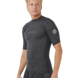 RIP CURL Mens Dawn Patrol Performance UPF Short Sleeve Rash Vest Top - Black Marled - UV Sun Protection and SPF