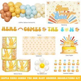 Party Inspo Here Comes the Son Baby Shower Decor, Sunshine Baby Shower Decorations Boy, Boho Sun Themed Party Supplies Backdrop Balloon Banner Tablecloth Cake Cupcake Topper Box Cutouts Daisy