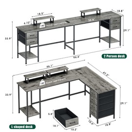 Korfile 66" L Shaped Computer Desk, 94.4'' Home Office Desk with Power Outlets, 4 Adjustable Storage Drawers & 2 Monitor Stands, Large Two Person Gaming Table for Writing Study, Grey