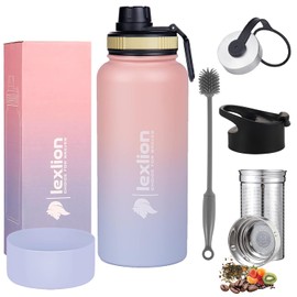 Lexlion Tea Infuser Bottle - Fruit Infuser Water Bottle 32 Oz, Triple Walled Insulated Stainless Steel Bottle, Thermal Leaf Infuser, Silicone Sleeve, Cleaning Brush, 3 Lids Leakproof, Metal Mug Gallon