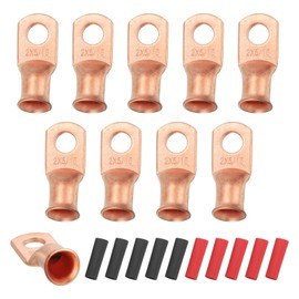 MECCANIXITY 10pcs 2 AWG M8 Battery Lugs Ring Terminals, 5/16" 8mm Stud Crimp Wire Terminal Connector End Copper, 2:1 Heat Shrink Tubing, Gold