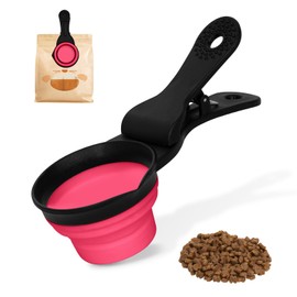 PNEUICALLY Collapsible Dog Food Scoop Foldable Pet Food Bag Clip 3 in 1 Multi-function Silicone Cat Food Measuring Cup Scoop Dog Food Scooper Pet Food Storage Clip (Rose Red, 1/2 Cup Capacity(1 Pack))