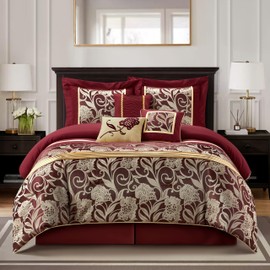 Grand Avenue Black and Red Comforter Set Queen Size, 7 Piece Jacquard Floral Bedding Set, All Season, Ultra-Soft, Matching Pillows & Shams, Bed Skirt