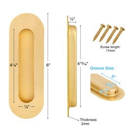 Malimali 6 Inch Gold Recessed Finger Flush Pulls for Pocket Door Closet Door, Sliding Barn Door Handle Hardware Brushed Gold Stainless Steel Oval Door Pulls (4 Pack)