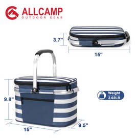 ALLCAMP Picnic Basket - Insulated Cooler, Thickening Foldable Picnic Basket with Removable Baskets & Sewn-in Frame, Basket for House Warming Gifts New Home(Blue White)