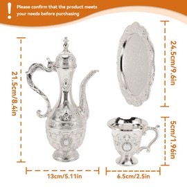 Turkish Tea Set with Teapot and Tray, 7 Piece Vintage Silver Metal Pot with Tray & 6 Saucer Cups Vintage Style Serving Gift Set for Adults