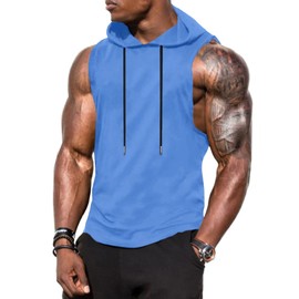 Babioboa Men's Gym Cut Off Hoodie Sleeveless Athletic Breathable Hoodies Dry Fit Jogging Hooded Tank Tops(Light Blue X-Large)