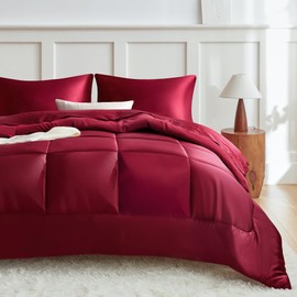 MR&HM King Size Comforter Set Burgundy, Reversible Satin Microfiber Comforter Set for All Seasons, 3 Pieces Non-Slip Silky Soft Bedding Sets with 1 Comforter (104"x90") and 2 Pillowcases (20"x36")