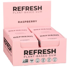 Refresh Plant Based Gum, Sugar Free, Long Lasting Chewing Gum with Stevia, Xylitol, Natural Flavors & Organic Ingredients, Low Calorie, Non GMO, Gluten Free, Vegan, Raspberry Flavor, 12 Pcs, 12 Pack