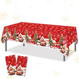 Gukasxi Christmas Table Cloth 2pcs Christmas Disposable Tablecloth 130 * 220cm Snowman Tablecloth Red Xmas Table Cloth Waterproof Rectangle Table Cloths for Xmas Party Christmas Table Decoration
