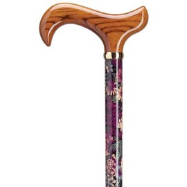 Walking Cane Lavender Lace. Elegant Floral Print in Shades of Purple on a Dark Background. Maple Wood Shaft with a scorched Derby Handle. Weight Capacity 250 pounds; 35-36 inches Long.