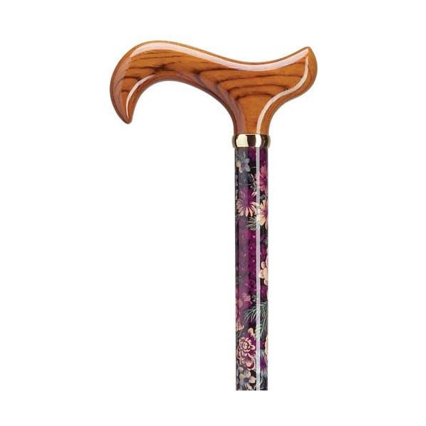 Walking Cane Lavender Lace. Elegant Floral Print in Shades of Purple on a Dark Background. Maple Wood Shaft with a scorched Derby Handle. Weight Capacity 250 pounds; 35-36 inches Long.