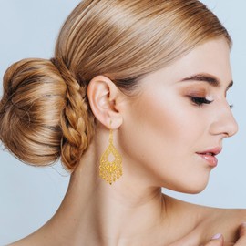 Gold Filigree Earrings-14K Gold Plated Dangle Earrings for Women Boho Earrings Indian Jewelry Long Chandelier Earrings for Women Big Gold Indian Earrings for Women Trendy